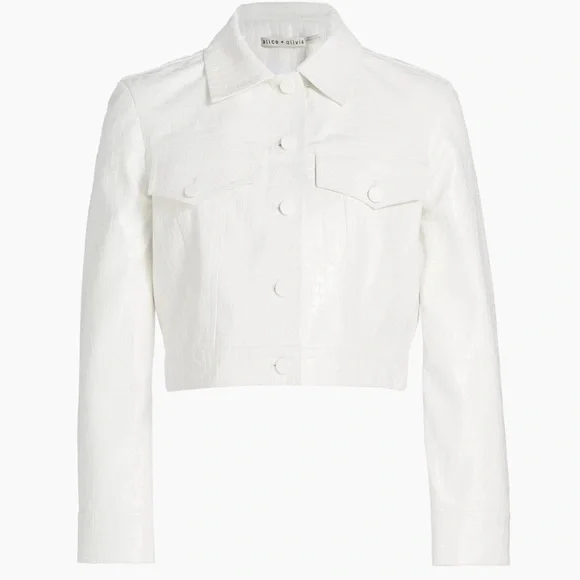 Alice + Olivia Chloe White Croc-Effect Faux Leather Crop Jacket Size XL NWT - Picture 7 of 16